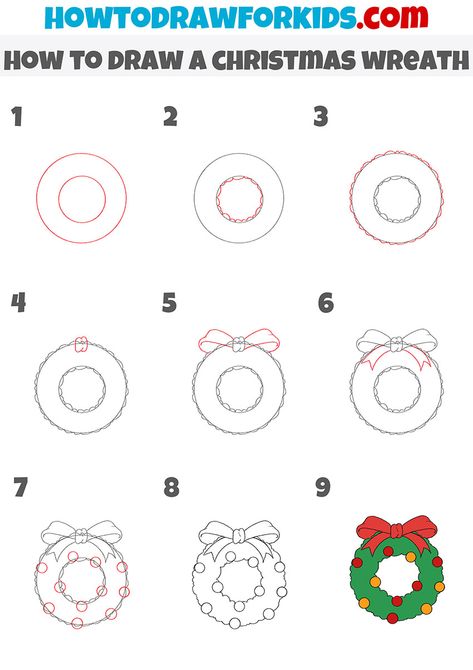 how to draw a christmas wreath step by step Wreath Doodle Christmas, How To Draw Holiday Stuff, How To Draw A Wreath Step By Step, How To Draw A Christmas Ornament, Cute Easy Christmas Doodles, How To Draw A Mistletoe, How To Draw Ornaments Step By Step, Drawing A Wreath, How To Draw A Christmas Wreath