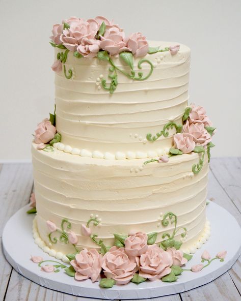 Simple Wedding Cake 2 Tier Flowers, 2 Tier Birthday Cake Flower Design, Flower Cake 2 Tier, 2 Tier Birthday Cake With Flowers, 2 Tier Flower Cake, Cakes With Roses, Buttercream Flower Wedding Cake, Wedding Cake With Buttercream Flowers, Roses Wedding Cake