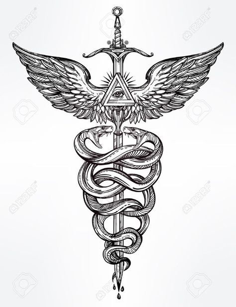 Hermes Tattoo, Caduceus Tattoo, Pigeon Tattoo, Tato Mandala, Egyptian Tattoos, Alchemy Tattoo, Egyptian Tattoo Sleeve, Egypt Tattoo, Marquesan Tattoos