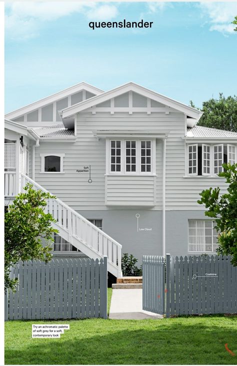 Dulux Exterior Paint Colours, Queenslander Homes Exterior, Dulux Exterior Paint, Home Exterior Colors Schemes, Siding Colors For Houses, Best Exterior House Paint, Exterior Gray Paint, Queenslander House, Beach House Colors