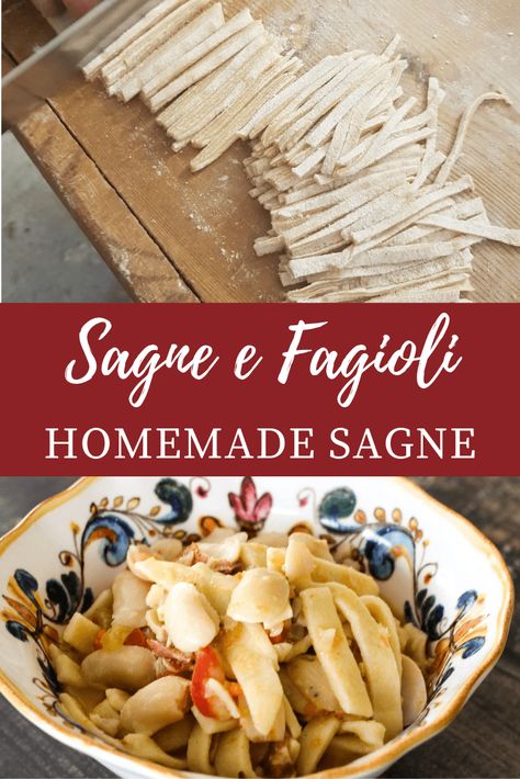 This recipe is traditional of the Abruzzese cuisine. Semolina flour, beans, tomato and a pinch of cayenne pepper for a taste of Abruzzo. Semolina Flour, Bacon Sauce, Tagliatelle Pasta, Pasta Fagioli, Italian Recipes Traditional, Pasta Ingredients, Italian Recipes Authentic, Homemade Italian, Food Favorites