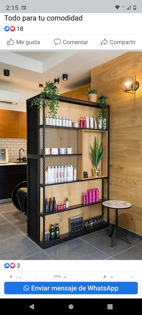 Shelves In Salon, Hair Salon Shelving Ideas, Salon Picture Wall Ideas, Industrial Salon Ideas, Salon Entry Ideas, Small Salon Designs Interiors, Salon Shelf Ideas, Narrow Salon Ideas, Simple Salon Interior Design