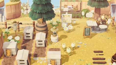 Honey Farm Animal Crossing, Apiary Acnh, Beehive Animal Crossing, Animal Crossing Honey Farm, Acnh Honey Farm Ideas, Acnh Bee Farm Ideas, Animal Crossing Bee Farm, Acnh Beehive Ideas, Acnh Honey Farm