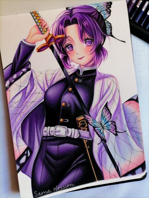 Anime Sketch Color Pencil, Color Pencil Art Drawings Anime, Colored Anime Drawings, Anime Color Pencil Art Drawings, Color Pencil Anime, Anime Drawing With Color, Anime Sketch Colored, Colored Pencil Anime, Shinobu Kocho Drawing