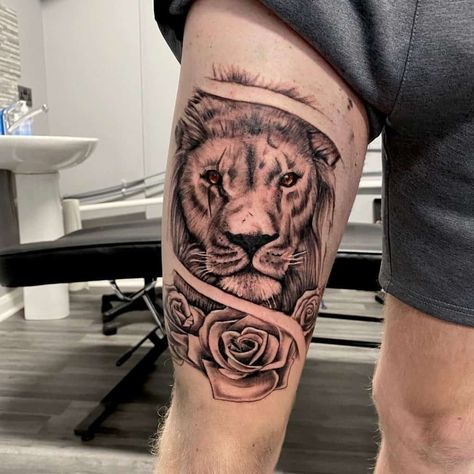 Lion Quad Tattoo Men, Thigh Lion Tattoo Man, Best Thigh Tattoos Men, Lion On Leg Tattoo, Tattoo For Legs For Men, Tiger Thigh Tattoo Men, Leg Lion Tattoo Men, Lion Tattoo On Thigh Men, Mens Lion Tattoo Leg