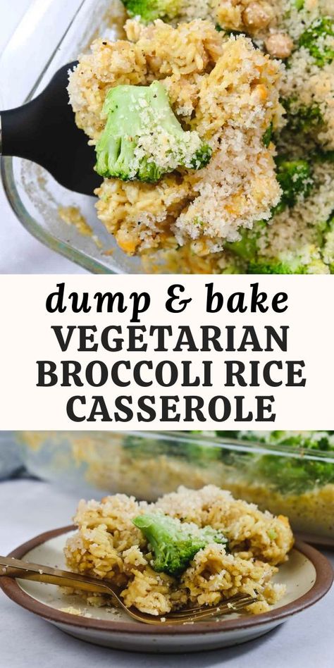 This cheesy broccoli rice casserole is the ultimate vegetarian comfort food! It's a dump-and-bake casserole that uses dry rice, coconut milk, and chickpeas for a satisfying and comforting weeknight meal. Easy Vegetarian Casseroles, Vegetarian Casseroles, Chicken Fried Cauliflower Rice, Cheesy Broccoli Rice Casserole, Vegetarian Grilling Recipes, Cheesy Broccoli Rice, Dump And Bake, Rice Coconut, Vegetarian Grilling