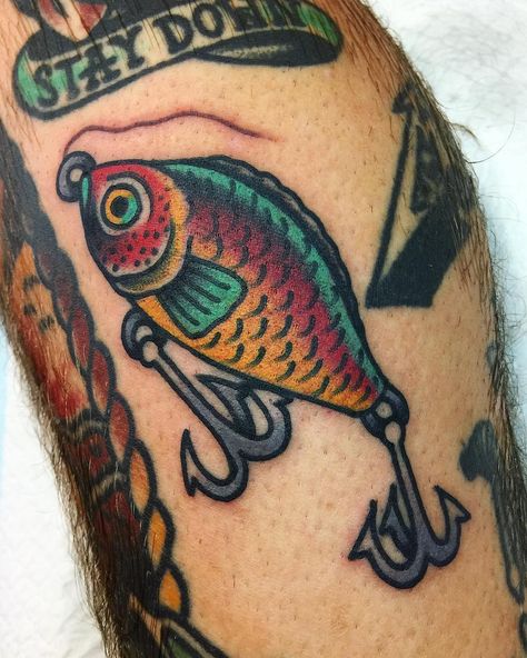 Fishing lure tattoo - traditional tattoo Fishing Bobber Tattoo, American Traditional Cross Tattoo, American Traditional Fish Tattoo, Old School Fishing Tattoo, Traditional Trout Tattoo, American Traditional Fish, Tattoo Sleeve Fillers, Fishing Traditional Tattoo, American Traditional Trout Tattoo