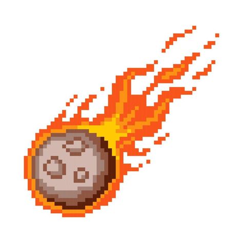 Falling fiery pixel meteor. Flaming asteroid rushing towards planet burning fire with glowing meteorite core red flame after powerful explosion with vector sparks Pixel Enemy, Pixel Art Explosion, Planet Pixel Art, Fire Pixel Art, 32 X 32 Pixel Art, 32 Bit Pixel Art, Pixel Fire, Billards Art, Pixel Planet