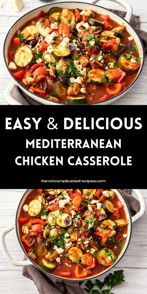 If you feel the need for comfort food that is quick and easy to prepare, look no further than this full-of-flavour Mediterranean Chicken Casserole. This one-pot meal is easy enough for a weeknight or ideal for relaxed weekend entertaining. As a bonus, it can be made ahead of time. Be certain, your family and friends will love it. One Pot Mediterranean Diet Recipes, Mediterranean Diet Recipes For Crock Pot, Mediterranean Make Ahead Meals, Mediterranean For A Crowd, Easy Eats Dietician, One Pot Mediterranean Chicken, Mediterranean Chicken One Pan, Weekend Cooking Ideas, Mediterranean Diet Casseroles