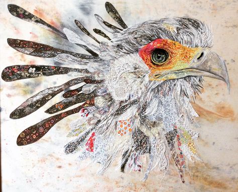 Secretary bird textile art Sophie Standing, Textile Animals, Fiber Art Collage, Butterfly Quilts, Susan Carlson, Quilting Binding, Secretary Bird, Quilt Collage, Bird Quilts