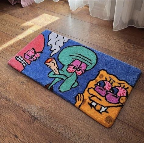 Custom Rugs Ideas, Spongebob Rug, Custom Rugs Design, Funky Apartment Decor, Funny Rugs, Cartoon Rugs, Rugs Custom, Graphic Rug, Funky Rugs