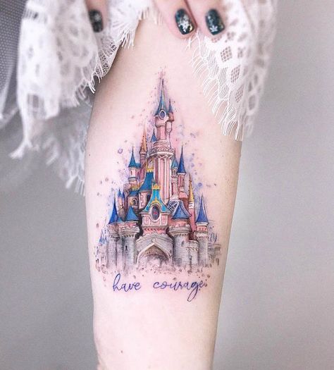 Disney Castle Tattoo, Tattoos Disney, Disney Sleeve Tattoos, Tattoo Disney, Matching Friend Tattoos, Paris Tattoo, Castle Tattoo, Disney Sleeve, Tattoos Black