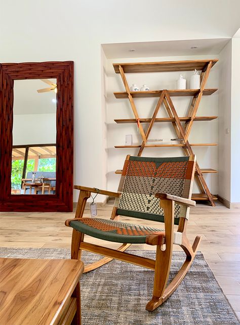 Woven Rocking Chair, Rocking Chair In Living Room, Finishes Board, Modern Rocking Chairs, Chair Weaving, Conservatory Living Room, Rocking Chair Wood, Wooden Rocking Chair, Custom Wood Furniture