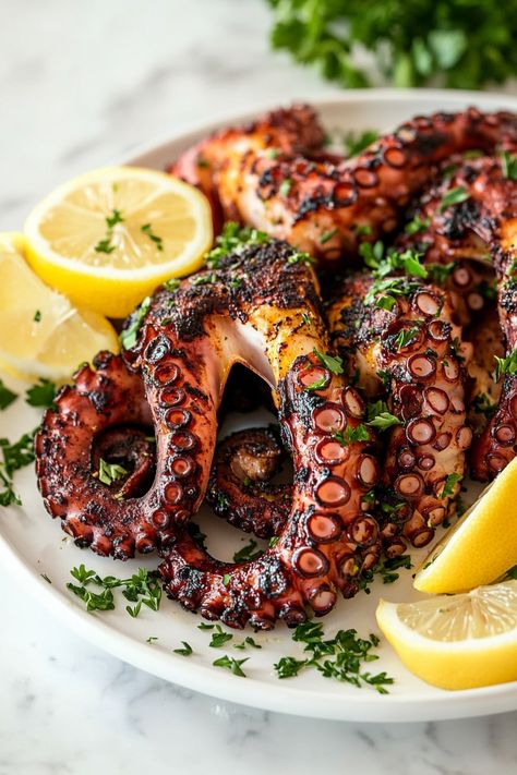 Homemade Grilled Octopus Recipe Grilled Octopus Tacos, Octopus Tentacles Recipe, Greek Octopus, Octopus Dinner, Octopus Recipes Easy, Baby Octopus Recipe, Octopus Food, Grilled Octopus Recipe, Octopus Recipe