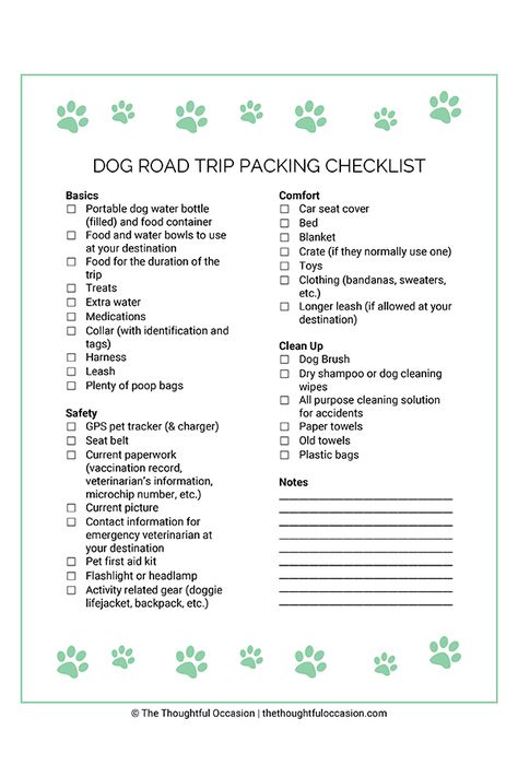 Road trip coming up with your dog?  Make sure you have everything you'll need with this checklist. Dog Trip Checklist, Puppy Road Trip Essentials, Dog Travel Bag Essentials, Dog Packing List Road Trips, Puppy Travel Bag Packing Lists, Dog Travel Packing List, Camping With Dogs Checklist, Road Trip With Pets, Dog Sitting Checklist