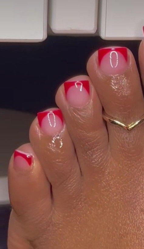 Red Toe Nails Black Women, Red French Toe Nails, Red French Tip Nails Toes, Red French Toes, Red Acrylic Toes, Red French Tip Toes, Red Pedicure Ideas, Red Toe Nails, French Toe Nails