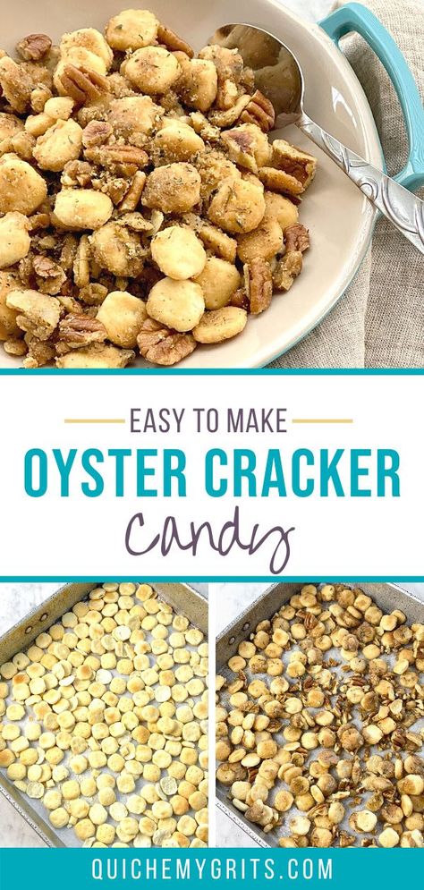 Got a hankering for something sweet, salty, crunchy and savory? Oyster Cracker Candy will satisfy all your cravings. It’s a quick and easy snack for tailgates, holiday events and cocktail parties! | QuicheMyGrits.com Oyster Crackers Sweet, Oyster Cracker, Oyster Crackers Recipe, Crackers Appetizers, Cracker Candy, Popcorn Treats, Oyster Crackers, Game Birthday, Homemade Dinner Rolls