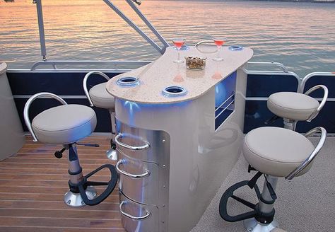 Pontoon Boat Bar Table & Furniture Ideas + How to Create Your Own Diy Boat Seats, Pontoon Boat Party, Pontoon Boat Furniture, Pontoon Accessories, Pontoon Boat Accessories, Pontoon Boat Seats, Boat Bar, Party Barge, Lake Fun