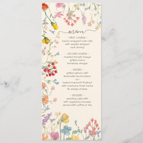 Delicate wildflower floral garden Wedding Menu Size: 4" x 9.25". Color: Semi-Gloss. Gender: unisex. Age Group: adult. Party Moodboard, Garden Redesign, Floral Garden Wedding, Garden Chic, Garden Wedding Invitations, Baby In Bloom, Wedding Vision, Wedding Menu Cards, Menu Card