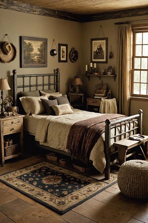 Primitive bedroom decor inspiration! Get cozy with these 20 charming rustic bedroom ideas, featuring vintage flair, natural textures, and warm earthy tones. Explore now and create your own cozy retreat! Colonial Room Decor, Modern Colonial Bedroom Ideas, Moody Primitive Decor, Vintage Master Bedrooms Decor, Antique Bedroom Ideas Vintage, Western Home Decor Bedroom, Moody Neutrals, Primitive Bedroom Ideas, Appartement Decor