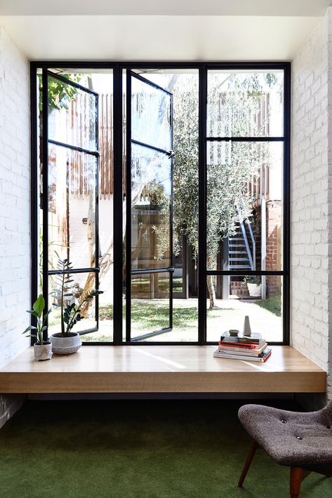 Window Seat Design, 아파트 인테리어, White Brick, Natural Home Decor, Wooden Bench, Open Window, Window Design, Window Seat, Beautiful Architecture