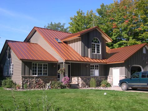 Copper Penny Standing Seam Roof Copper Roof House, Copper Metal Roof, Metal Roof Houses, Metal Roof Colors, Metal Roofs, Standing Seam Metal Roof, Corrugated Roofing, Copper Roof, Steel Roofing