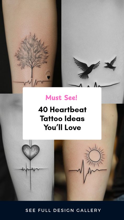 Explore 40 unique heartbeat tattoo ideas. The pin features four images showcasing beautiful heartbeat tattoos, perfect for anyone looking for personal and creative tattoo styles. Heartbeat Wrist Tattoos For Women, Heart With Heartbeat Tattoo, Baby Heartbeat Tattoo, Heartbeat Tattoo Memorial, Heart Fingerprint Tattoo, Half Heart Tattoo, Heartbeat Tattoo Ideas, Heart Rate Tattoo, Heart Beat Tattoo