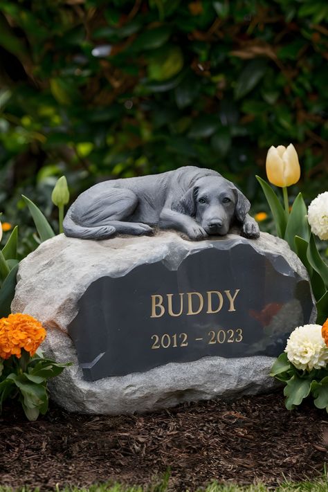 Pet memorial stone, dog gravestone with with a sculpted dog, surrounded by flowers. Dog Memorial Ideas Gardens, Pet Grave Ideas, Diy Pet Memorial Ideas, Dog Memorial Stone, Pet Memorial Garden, Memorial Garden Stones, Painted River Rocks, Stone Ideas, Memorial Ideas