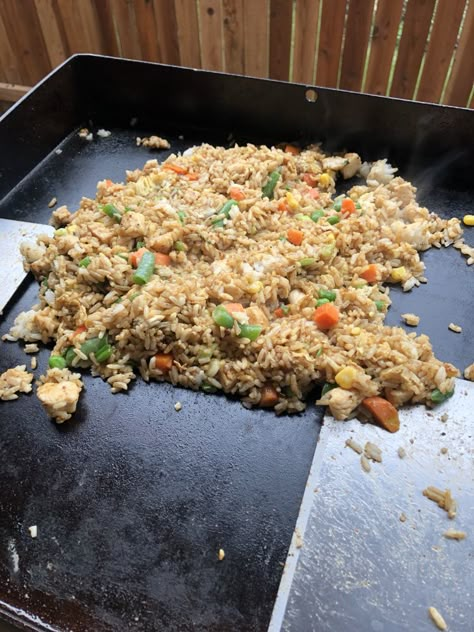 Fried Rice On The Blackstone, Rice On The Blackstone, Outdoor Griddle Recipes, Griddle Cooking Recipes, Hibachi Recipes, Hibachi Chicken, Outdoor Cooking Recipes, Chicken Fried Rice Recipe, Blackstone Grill