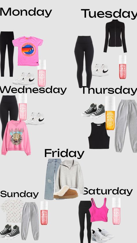 Oulfit based on the days of the week #preppy #outfitinspo Outfit Of The Week For School, Outfits For Week, What To Wear Each Day Of The Week, Preppy Outfits Of The Week, Weekly Outfits For School, Days Of The Week Outfits, Fits Of The Week, Outfits For The Week, Week Of Outfits