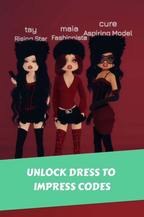 Three animated characters dressed in fashionable, avant-garde outfits with titles above their heads and the text "UNLOCK DRESS TO IMPRESS CODES" below. Unspoken Rules, Dress To Impress Outfits, Folklore Fashion, Roblox Dress, Red Beret, Outfit Combos, Secret Language, Job Interviews, Fancy Wedding