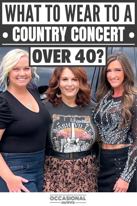 Women over 40 at a country concert enjoying Nashville Outfits Middle Age, Rodeo Outfit Ideas Plus Size, Country Western Concert Outfit Ideas, Western Boots Outfit Spring, Women's Country Concert Outfit, Rodeo Concert Outfits For Women, Country Concert Outfit Ideas For Women Over 40, Country Outfits For Concerts Plus Size, How To Dress For A Country Concert