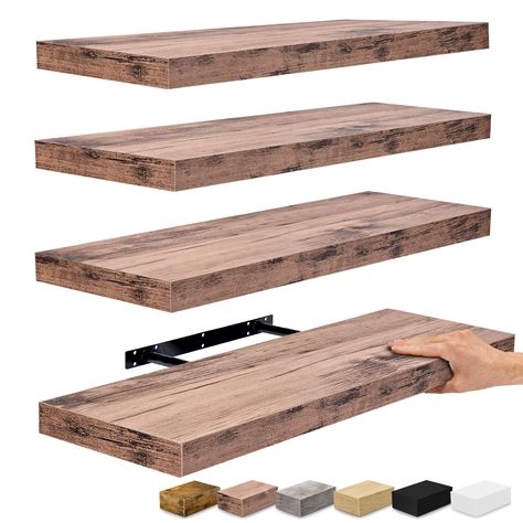 PRICES MAY VARY. Floating Shelves for Wall (Set of 4): Display charming showpieces, trophies, photo frames, decorative items, and other prized possessions while offering functional storage with the wooden floating shelves by Sorbus. Enhance home decor, bathroom decor, and living room decor, or fill in empty wall space above a desk, fireplace, entryway, vanity, or between windows. Each floating shelf measures approximately 23.75" L X 9.25" W Free Up Space in Your Home & Kitchen: Reduce clutter an Floating Shelves With Arm Lights, Floating Shelves With Lights Office, Floating Shelf Tv Wall The Home Depot, Wall Mounted Tv Shelf Above, Floating Shelves In Tv Wall, Shelving Around A Wall Mounted Tv, Modern Floating Shelves Overstock, Wooden Floating Shelves Over Toilet, Floating Shelves Above Tv Living Room