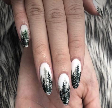 Topography Nails, Tree Acrylic Nails, Mountain Themed Nails, Mountain Nails Simple, Mountain Nail Designs, Snowboard Nails, Vacation Nails Mountains, Mountain Nails Designs Art, Colorado Nails Designs