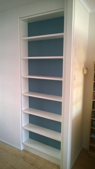 Built-in Bookshelf : 10 Steps (with Pictures) - Instructables Hall Closet Bookcase, Bedrooms With Built In Shelves, Closets Into Bookshelves, Bookshelf Built Into Wall, Build In Wall Shelves, Recessed Bookcase In Wall, Built In Shelves Around Doorway, Shelves In Recessed Wall, Diy Built In Wall Shelves