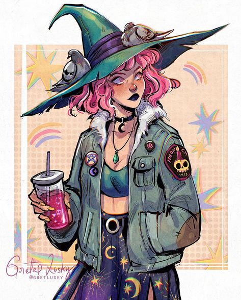 Twitter Hedge Witch Art, Modern Witch Character Design, Gretlusky Sketchbook, Witch Character Design Modern, Characters With Pink Hair Halloween, Gretlusky Art, Sketchy Drawings, Witch Drawing, Witch Characters