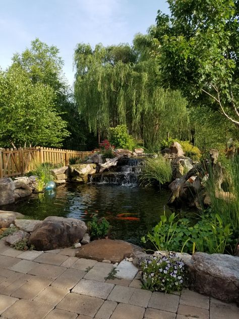 Weeping Willow Backyard, Natural Backyard Pools, Diy Ponds Backyard, Sunken Patio, Willow Garden, Patio Pond, Diy Pond, Garden Pond Design, Garden Waterfall