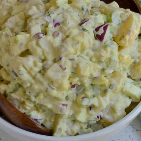 Grandma’s Dill Pickle Potato Salad - Small Town Woman Dill Pickle Potato Salad, Pickle Potato Salad, Creamy Cucumber Tomato Salad, Potato Salad Mustard, Homemade Potato Salads, Dill Potatoes, Potato Salad With Egg, Mustard Pickles, Grilled Pork Tenderloin