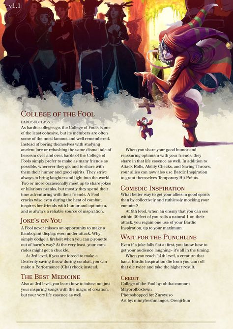 Bard Subclass: College of the Fool Homebrew Classes, Dnd Bard, Dnd Stats, Dnd Homebrew, Dnd Stories, D D Classes, Dnd Campaign, Bard College, Dnd Classes