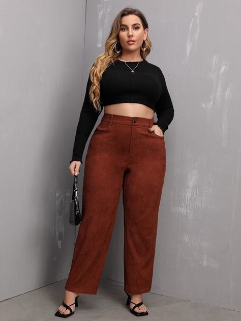 Plus High Waist Corduroy Pants | SHEIN USA Wide Leg Corduroy Pants Outfit, Black Corduroy Pants Outfit, Wide Leg Corduroy Pants, Corduroy Pants Outfit, Black Corduroy Pants, Color Cafe, Plus Size Pants, Shein Style, Corduroy Pants