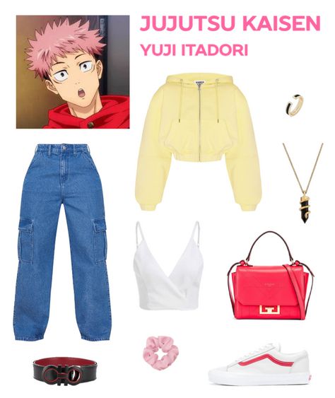 Outfits Inspired By Anime, Anime Fashion Outfits Inspiration, Yuji Outfit, Anime Style Clothes Inspired Outfits, Anime Outfit Ideas Casual, Yuji Itadori Outfit Ideas, Yuji Itadori Makeup, Sukuna Inspired Outfit, Anime Inspired Outfits Aesthetic