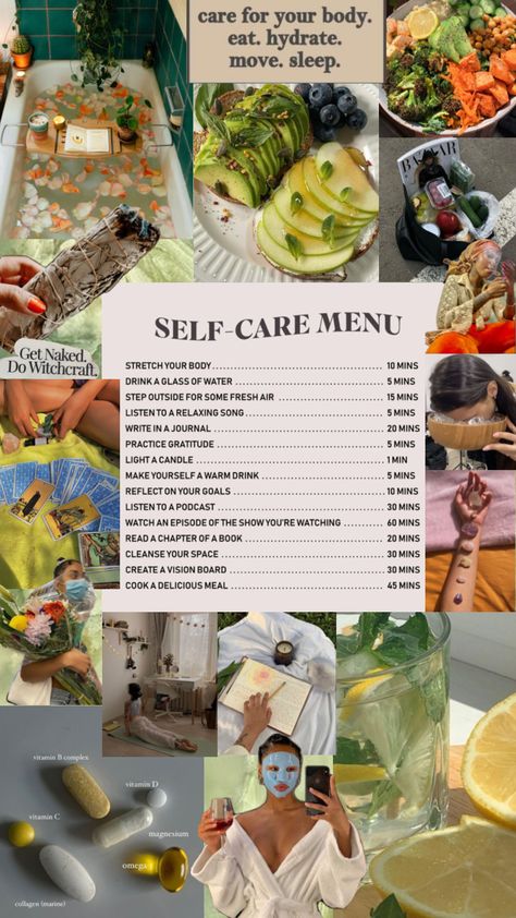 Everyday Self Care Routine, Self Care Collage Wallpaper, Self Care Moodboard, Self Care Aesthetic Wallpaper, Self Care Wallpaper Aesthetic, Holistic Healing Aesthetic, Self Healing Aesthetic, Black Self Care, Self Care Menu