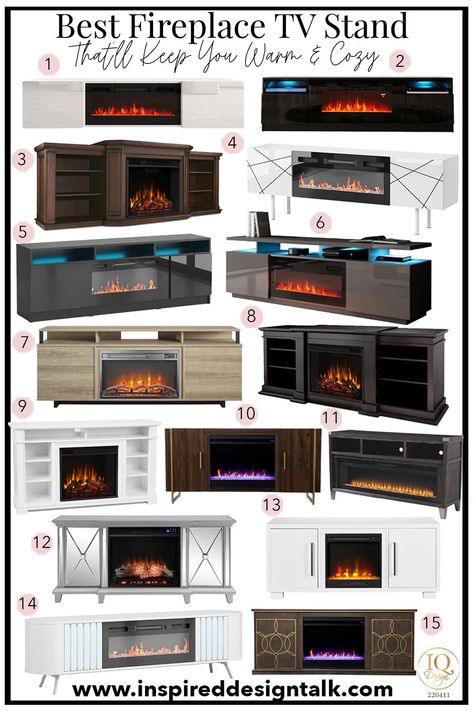 15 Best Fireplace TV Stands That'll Make Your Living Room Warm And Cozy • Inspired Design Talk Firepace Tv Stand, Living Room Fireplace Tv Stand, Living Room With Fireplace Tv Stands, Faux Fireplace Tv Stands, Electric Fireplace Furniture, Tv Stand With Fireplace Living Rooms, Tv Stand Fireplace Ideas Living Rooms, Living Room Faux Fireplace, Fireplace Tv Stand Decor Ideas