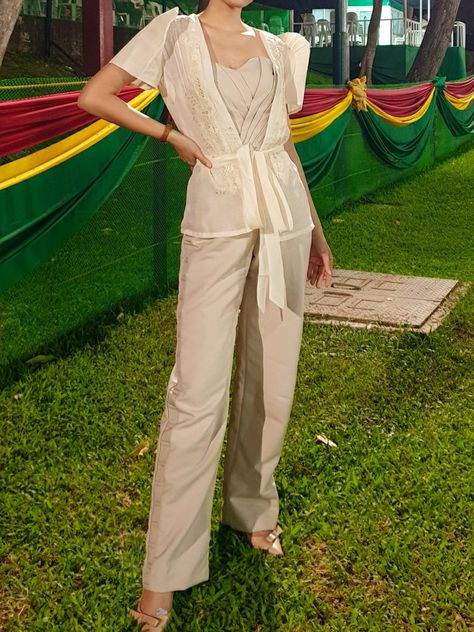 Modernized Filipino Outfit, Pants That Look Like A Dress, Graduation Outfit Philippines, Modern Graduation Dress, Filipiniana Modern Pants, Filipino Style Fashion, Up Sablay Graduation Outfit, Modern Filipiniana Pants, Oath Taking Outfit Women Filipiniana