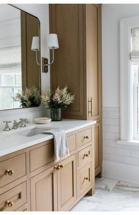 White Oak Bathroom Cabinets Vanities, Primary Bathroom Storage, Modern Timeless Bathroom, Timeless Primary Bathroom, Bathroom Storage Cabinet Built In, Bathroom Built In Cabinet, Master Bath Flooring, Bathroom Vanity With Storage, Mixing Metals In Bathroom