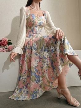 Canary Houze · Products · Blooming Beauty: Women's Floral Printed Long Dress - Perfect for Vacation · Shopify Sweater Over Dress, Long Dress For Women, Dress With Sweetheart Neckline, Over Dress, Vacation Wardrobe, 21st Dresses, Evening Gowns Elegant, Square Neck Dress, Flounce Sleeve