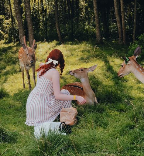 Girl With Animals Aesthetic, Animal Girl Aesthetic, Wild Girl Aesthetic, Animal Goddess, Cottage Core Girl, Feeding Animals, Red Hair Girl, Aesthetic Cottage, Forest Aesthetic