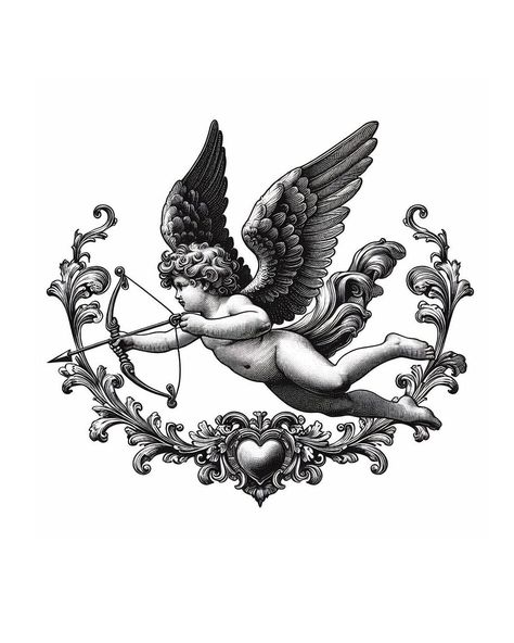 Black Cupid Tattoo, Traditional Cherub Tattoo, Cupid Drawing, Cherub Tattoo Designs, Tato Maori, Cupid Tattoo, Cherub Tattoo, God Of Love, Tattoo Apprenticeship