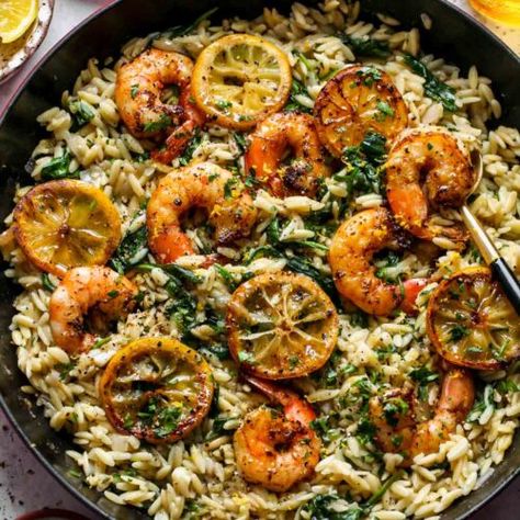 One Skillet Lemon Pepper Shrimp and Orzo - Dishing Out Health Shrimp And Orzo, Orzo Skillet, Lemon Pepper Shrimp, Shrimp Orzo, Dishing Out Health, Orzo Dishes, Pepper Shrimp, How To Cook Orzo, Orzo Recipes