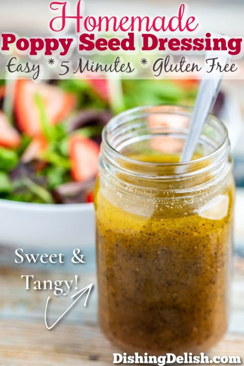 Poppy Seed Dressing is sweet and tangy, made with olive oil, vinegar, spices, sugar, and poppy seeds with a splash of orange juice. It’s the perfect dressing for summer salads, and goes great with strawberries! #poppyseed #saladdressing #recipe #summer #spring #glutenfree #poppyseeddressing Homemade Poppyseed Dressing, Poppy Seed Salad Dressing, Poppyseed Dressing Recipe, Poppyseed Salad Dressing, Poppy Seed Salad, Salad Strawberry, Salad Appetizer Cups, Sweet Dressing, Seed Salad